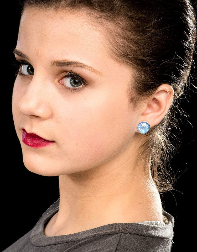 Silver-Tone Ice Blue and White Glitter Glass Stud Earrings 12mm