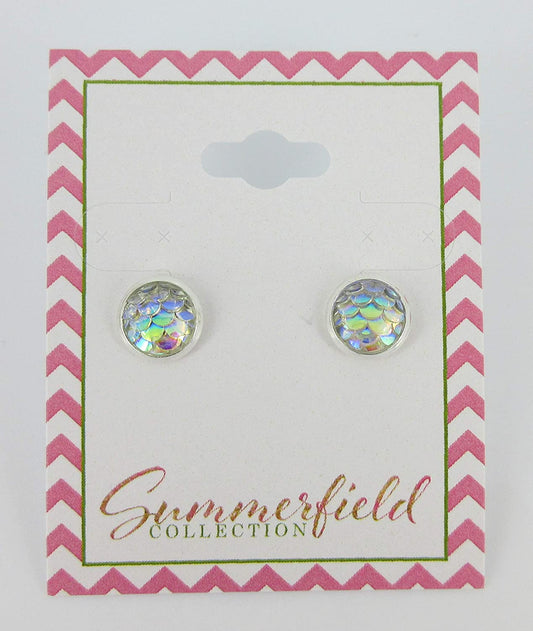Silver-tone Clear AB Metallic Mermaid Scale Stud Earrings 8mm