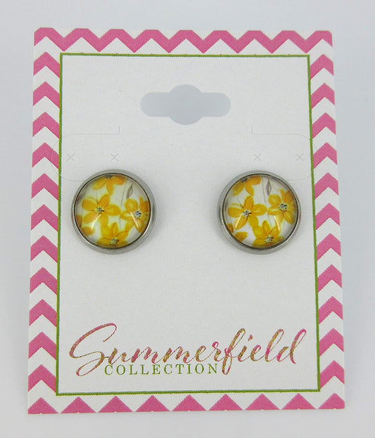 Stainless Steel Yellow Flower Print Glass Stud Earrings 12mm