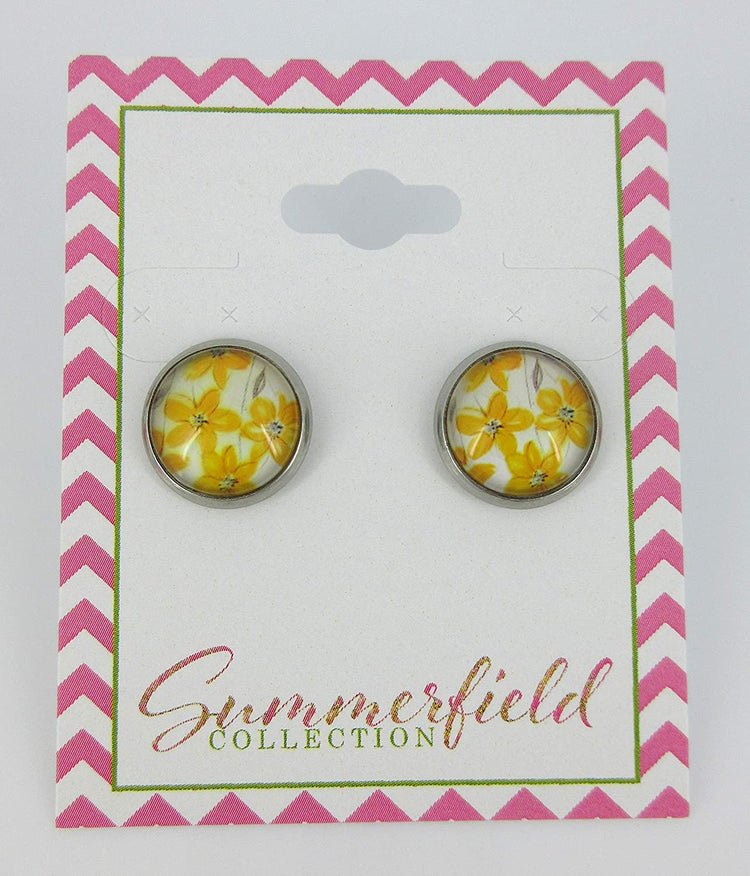 Stainless Steel Yellow Flower Print Glass Stud Earrings 12mm