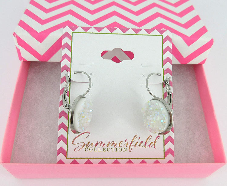 Stainless Steel White AB Faux Druzy Stone Lever-back Drop Earrings 14mm