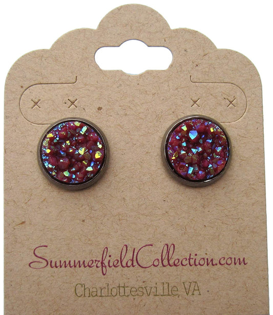Hematite-tone Maroon Faux Druzy Stone Stud Earrings 12mm