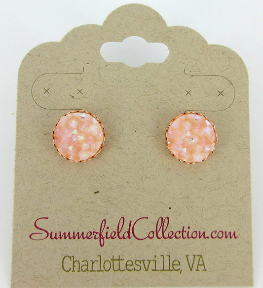 Rose Gold-tone Clear Light Pink AB Faux Druzy Stone Stud Earrings 10mm