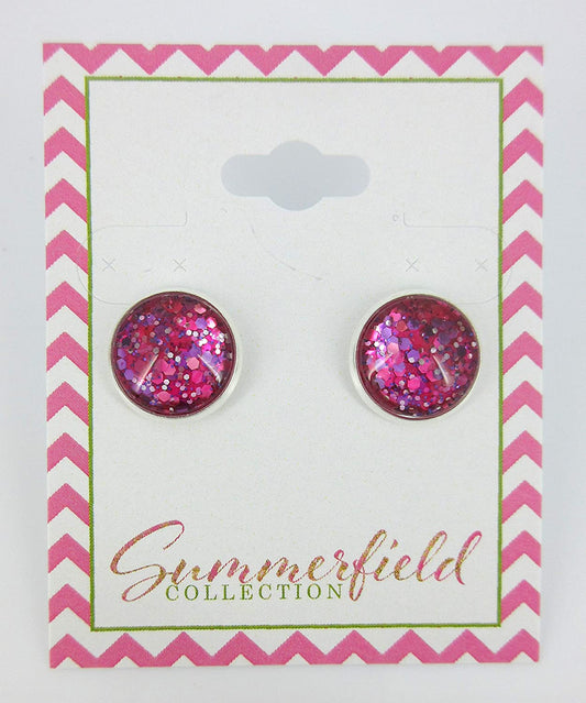 Silver-tone Fuchsia Pink and Purple Glitter Glass Stud Earrings Hand-painted 12mm