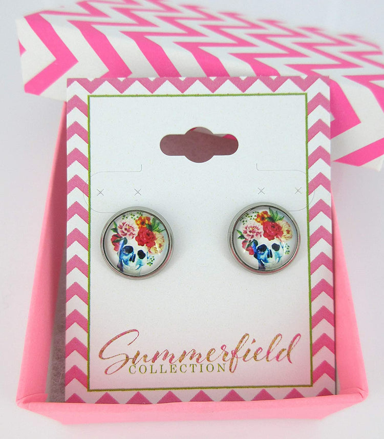Stainless Steel Watercolor Skull with Flowers Printed Glass Stud Earrings 12mm