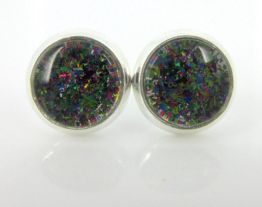 Silver-tone Dark Rainbow Glitter Glass Stud Earrings Hand-painted 8mm