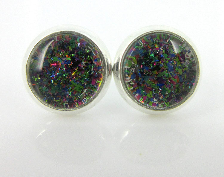 Silver-tone Dark Rainbow Glitter Glass Stud Earrings Hand-painted 8mm