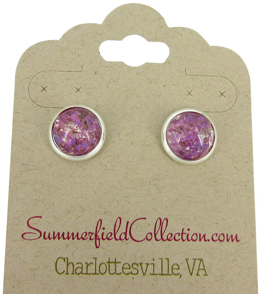 Silver-tone Clear and Purple Dried Flower Resin Stud Earrings 10mm