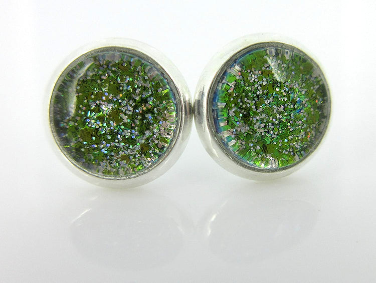 Silver-tone Green Glitter Glass Stud Earrings Hand-painted 8mm