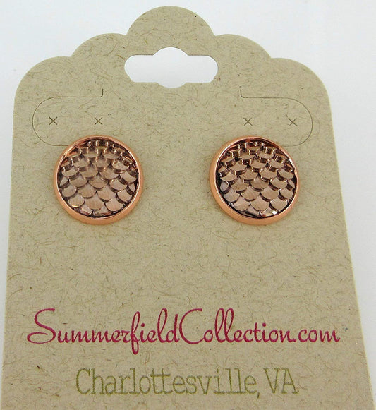 Rose Gold-tone Metallic Dragon Scale Stud Earrings 12mm Mermaid