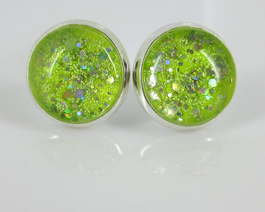 Silver-tone Neon Yellow Green Glitter Glass Stud Earrings Hand-painted 12mm