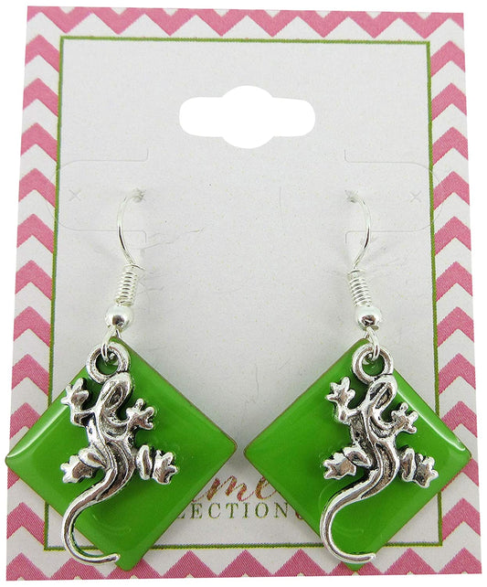 Silver-tone Green Enamel Gecko Lizard Charm Dangle Earrings