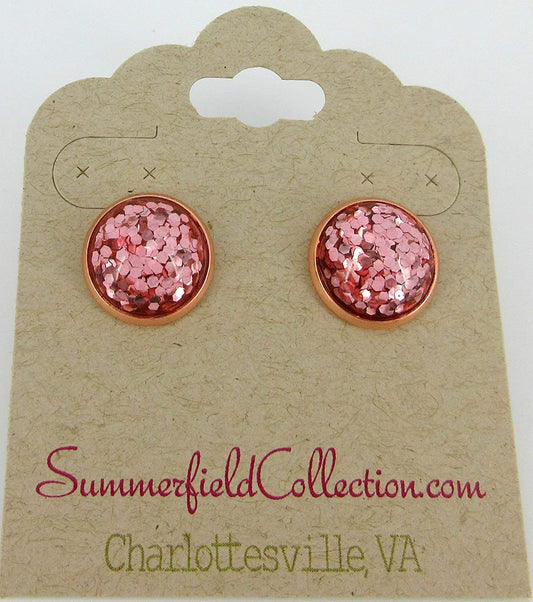 Rose Gold-tone Metallic Glitter Resin Stud Earrings 12mm