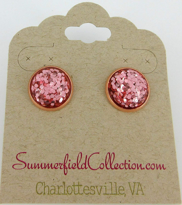 Rose Gold-tone Metallic Glitter Resin Stud Earrings 12mm