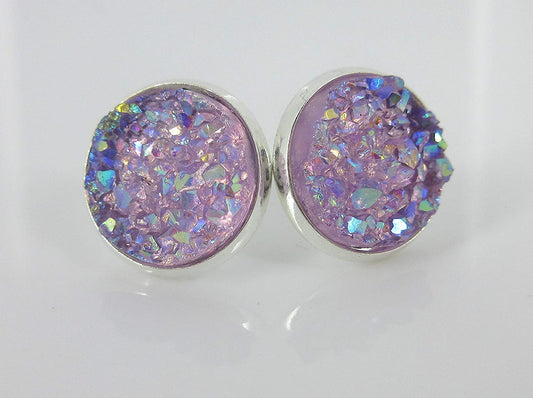 Trio Silver-tone Stud Earrings Faux Druzy Stone Sea Blue Lavender AB White Set 12mm