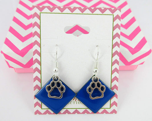 Silver-tone Royal Blue Enamel Paw Print Charm Dangle Earrings