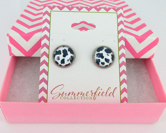Stainless Steel Black Cow Animal Print Glass Stud Earrings 12mm