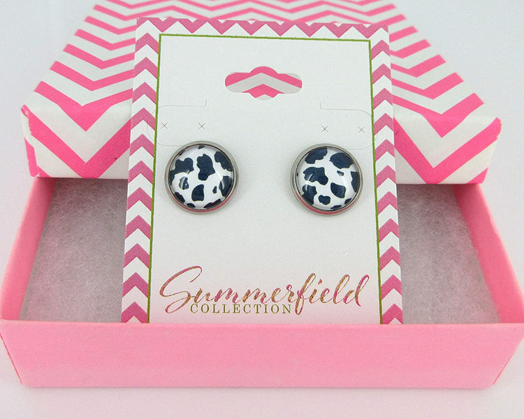 Stainless Steel Black Cow Animal Print Glass Stud Earrings 12mm