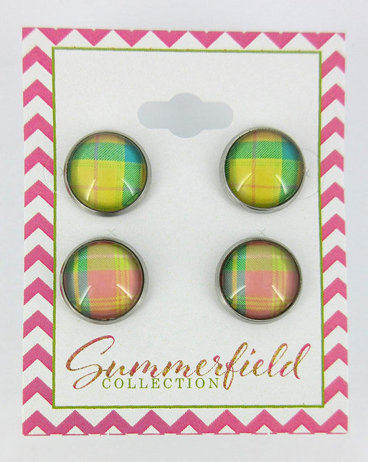 Stainless Steel Duo Stud Earrings Plaid Print Glass 12mm Set