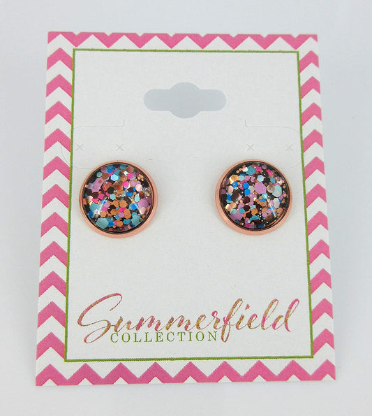 Rose Gold-tone Blue Pink Purple Glitter Glass Stud Earrings 12mm Hand-painted