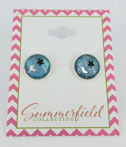 Silver-tone Star and Moon Holographic Glitter Glass Galaxy Stud Earrings Hand-painted 12mm