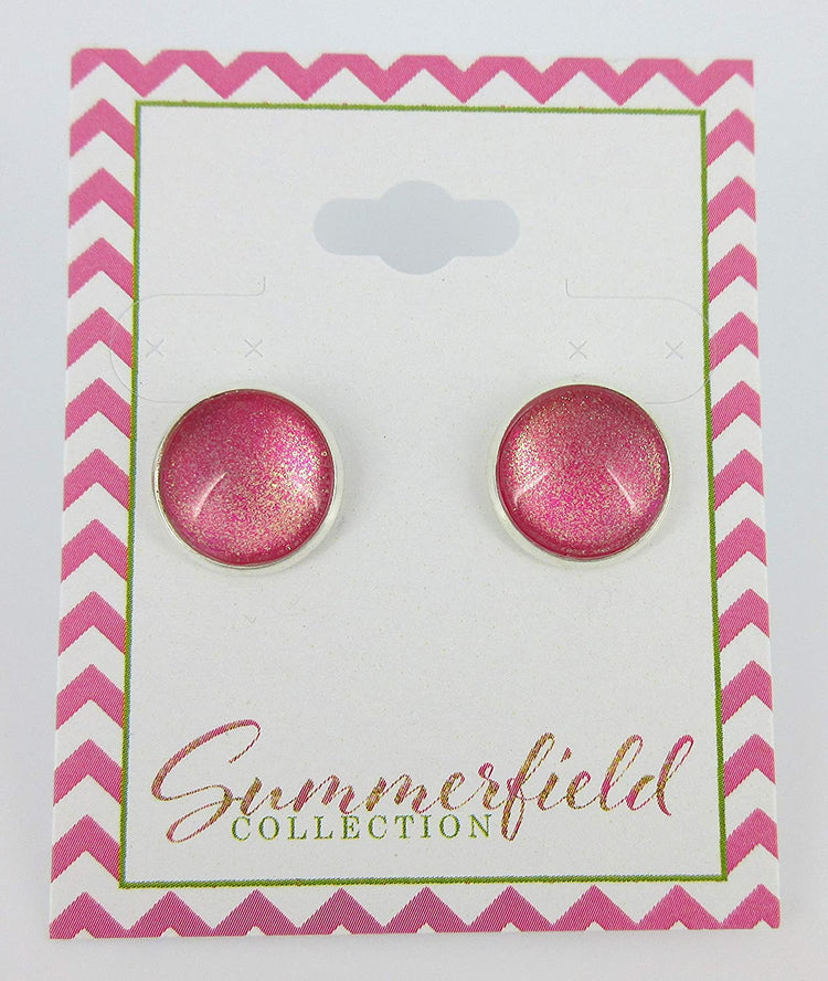 Silver-tone Pink and Gold Shimmer Glitter Glass Stud Earrings Hand-painted 12mm