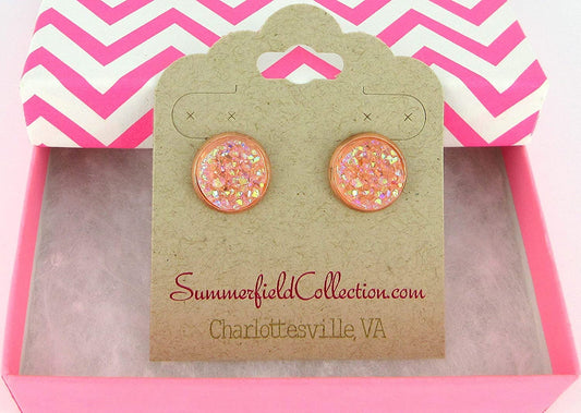 Rose Gold-tone Blush AB Faux Druzy Stone Stud Earrings 12mm