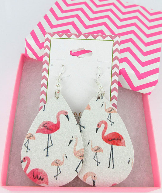 White and Pink Flamingo Faux Leather Large Teardrop Dangle Earrings