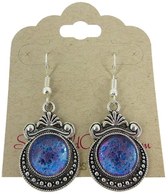 Antiqued Silver-tone Blue Purple Color-Shifting Glitter Glass Dangle Earrings Hand-painted