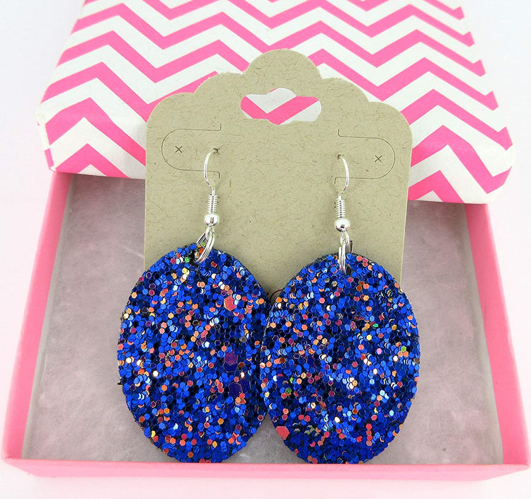 Blue with Pink and Black Glitter Faux Leather Oval Dangle Earrings