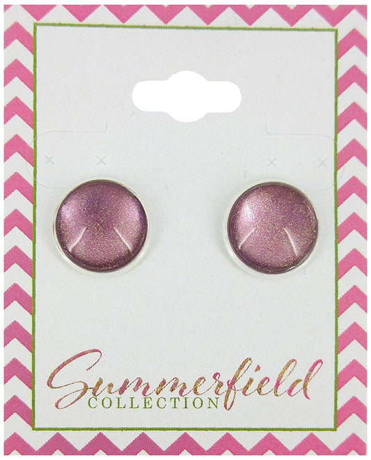 Silver-tone Metallic Mauve Glitter Glass Stud Earrings Hand-painted 12mm