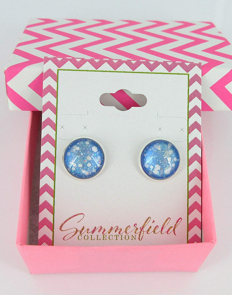 Silver-Tone Ice Blue and White Glitter Glass Stud Earrings 12mm