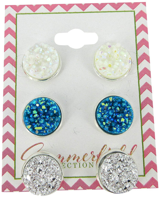 Trio Silver-tone White AB Blue Stud Earrings 12mm Faux Druzy Stone Set