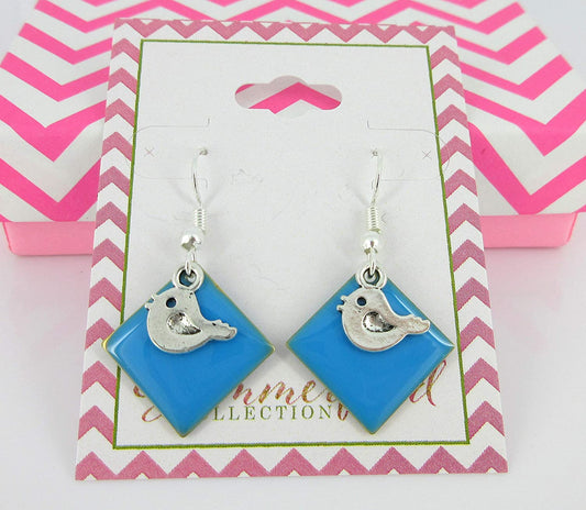 Silver-tone Sky Blue Enamel Bird Charm Dangle Earrings