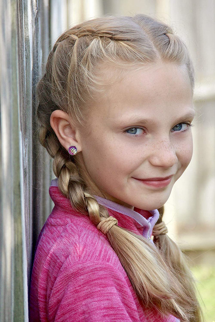 Silver-tone Pink Purple Metallic Mermaid Scale Stud Earrings 10mm