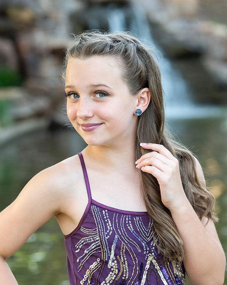 Silver-tone Purple and Blue Glitter Glass Stud Earrings Hand-painted 12mm