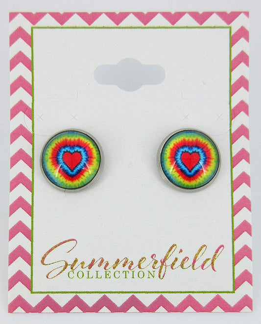 Stainless Steel Heart Tie Dye Print Glass Stud Earrings 12mm