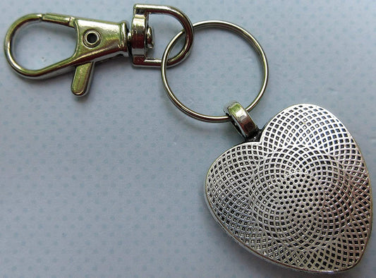 Antiqued Silver-tone Pink and Black Glitter Glass Heart Keychain Hand-painted