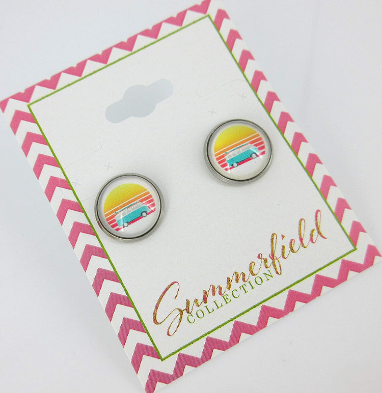 Stainless Steel Vintage Camper Sunset Print Glass Stud Earrings 12mm