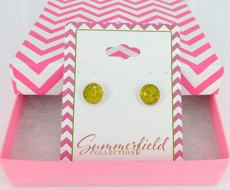Silver-tone Yellow Faux Druzy Stone Stud Earrings