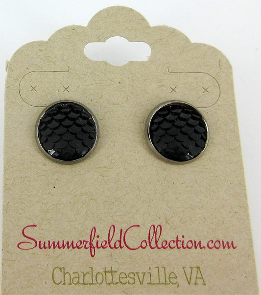 Hematite-tone Black Dragon Scale Stud Earrings 12mm Mermaid