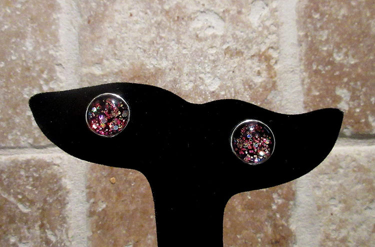 Silver-tone Preppy Mix Glitter Glass Stud Earrings Hand-painted 12mm