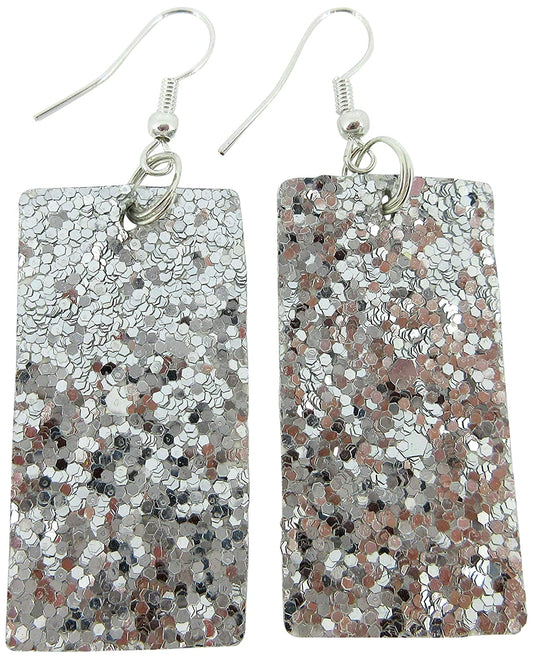 Silver Glitter Faux Leather Large Rectangle Dangle Earrings