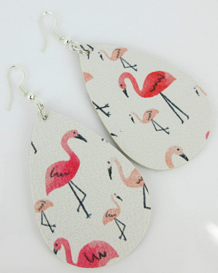 White and Pink Flamingo Faux Leather Large Teardrop Dangle Earrings