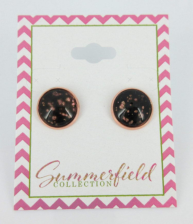 Rose Gold-tone Black Spotted Glitter Glass Stud Earrings Hand-painted 12mm