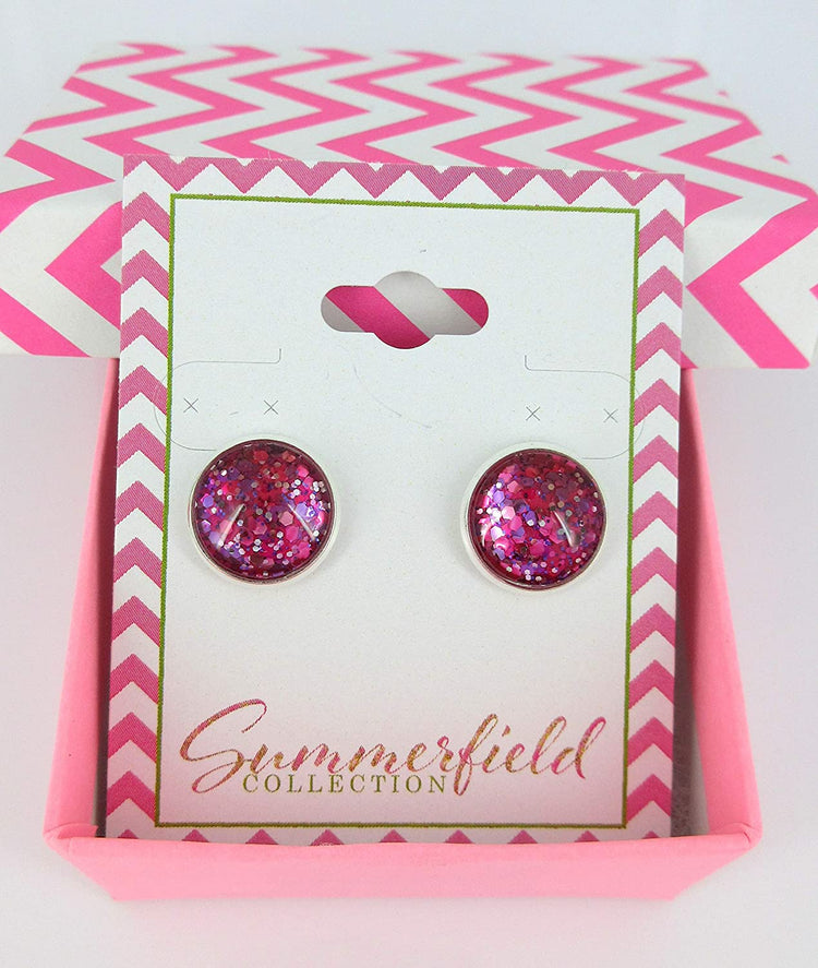 Silver-tone Fuchsia Pink and Purple Glitter Glass Stud Earrings Hand-painted 12mm