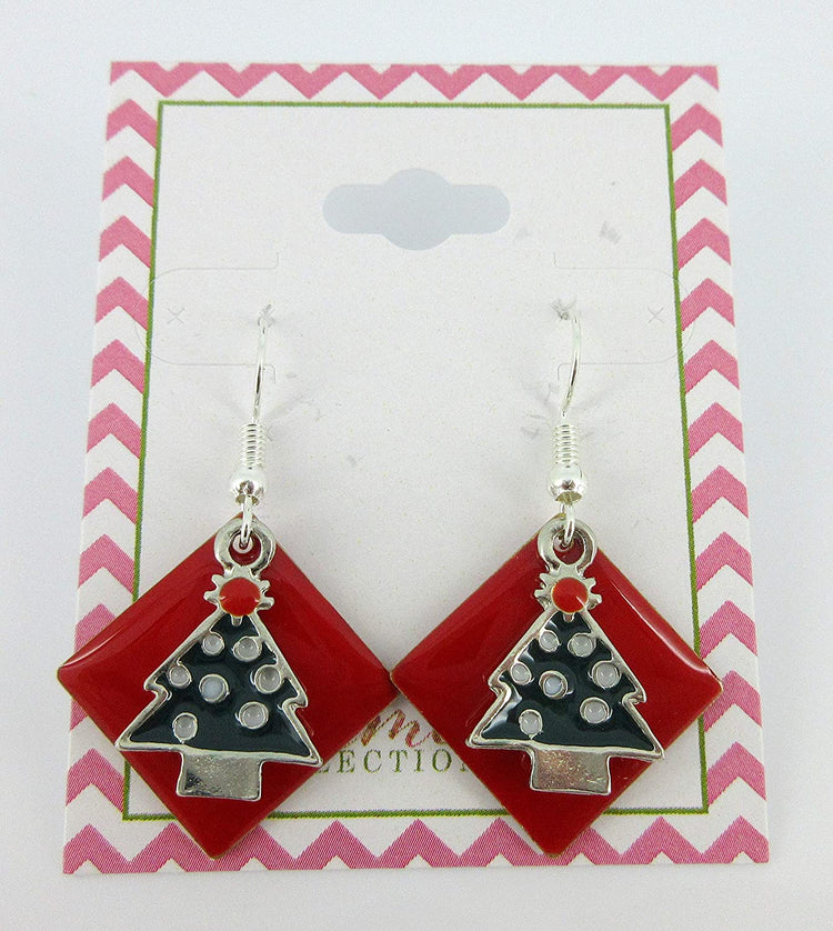 Silver-tone Red Enamel Christmas Tree Charm Dangle Earrings
