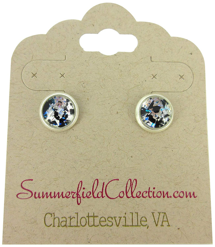 Silver-tone Blue and Black Glitter Glass Stud Earrings Hand-painted 8mm