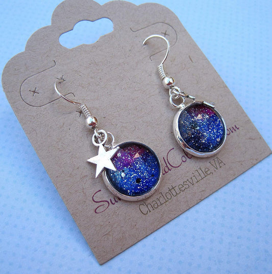 Silver-tone Glitter Glass Star Charm Galaxy Dangle Earrings Blue Purple Teal Hand-painted
