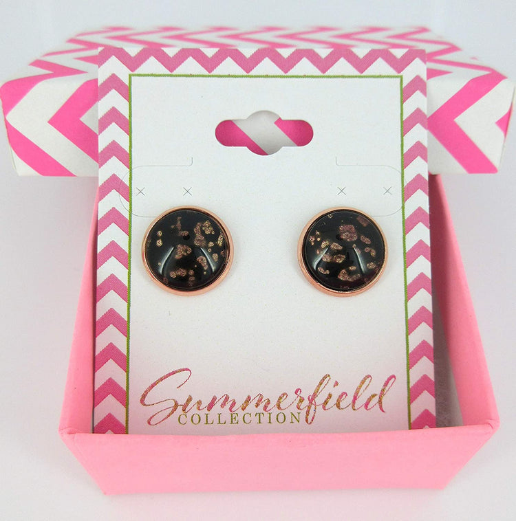 Rose Gold-tone Black Spotted Glitter Glass Stud Earrings Hand-painted 12mm